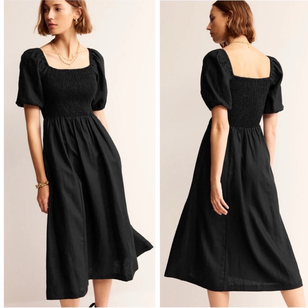Boden 100% Linen Sky Smocked Midi Dress in Black
